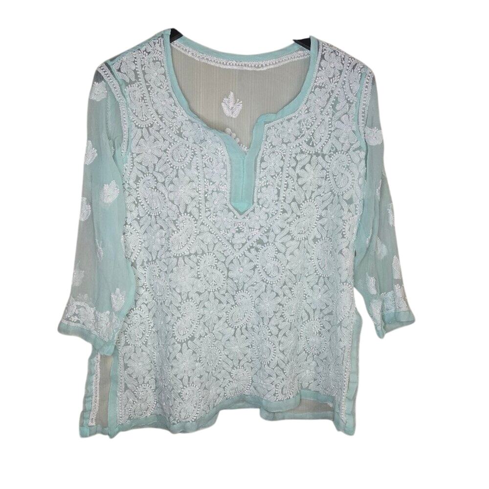 Large Bohemian Mint/Light Green Sheer Chiffon Lace Embroidered Tunic/Top [0312]